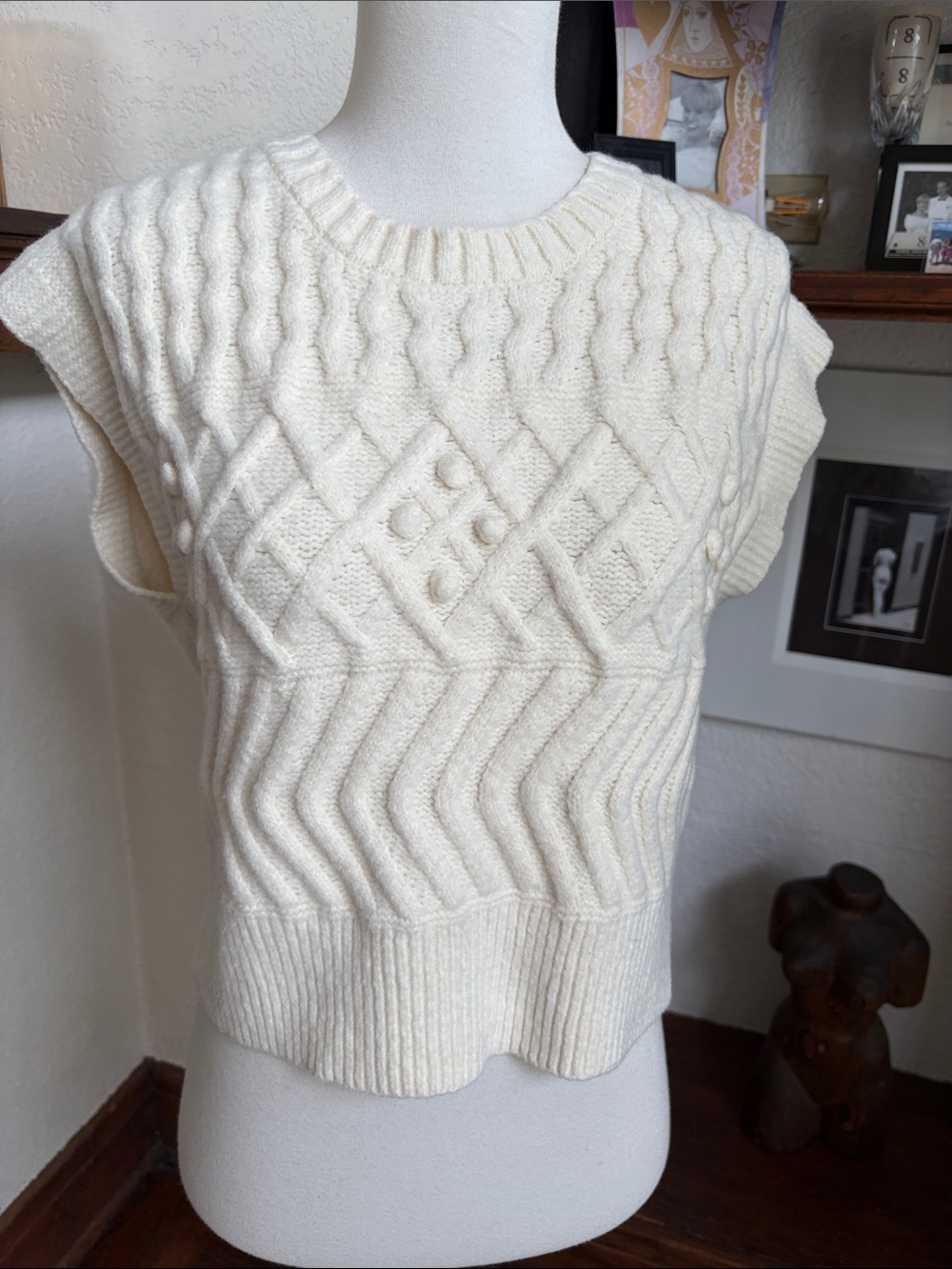 Sincerely Jules Ivory Cable Knit Sweater Vest Medium Textured Cozy Cottagecore